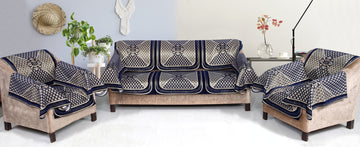 Nendle Velvet Fabric Sofa Cover Set of 5 Seater With 6 Pieces Arms Cover (Navy Blue, 12 Pieces)